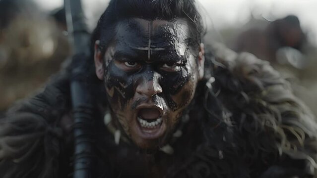 With a fearsome expression etched onto his face a Maori warrior charges into battle his war cries echoing across the battlefield.