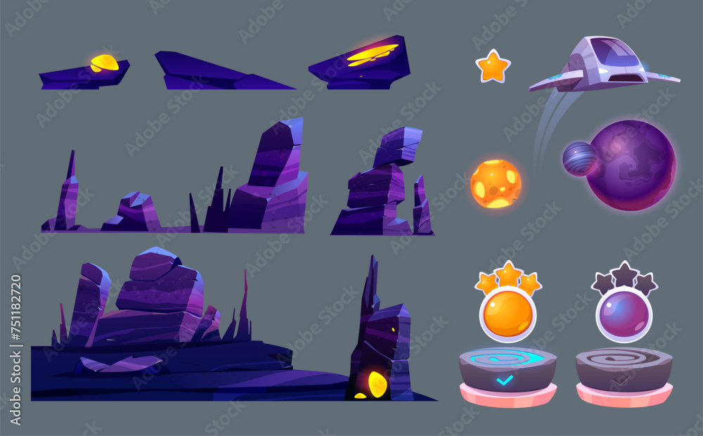 Poster outer space game level ui design creation kit. cartoon set of 2d platform and islands with rocks and