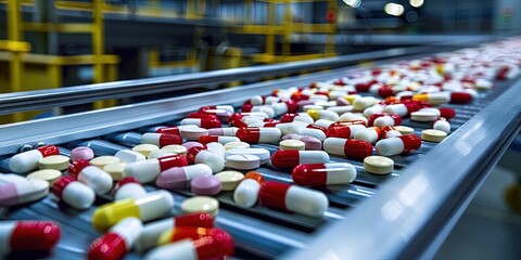 Prescription pills on a conveyor belt - pharmaceutical manufacturing concept 