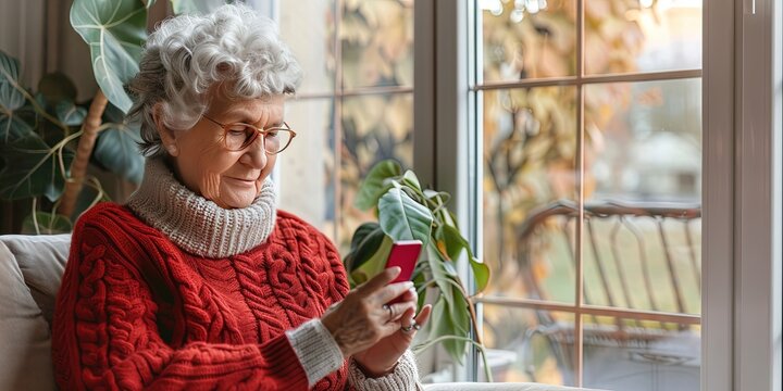 Older Woman Texting On Smartphone In Living Room