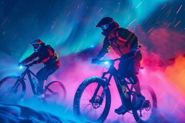 Mountain bikers race under the aurora borealis wearing sustainable fashion gear promoting wildlife conservation efforts