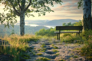 Park bench beside a stone path in a serene green landscape.