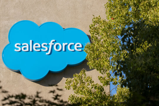 Palo Alto, CA, USA - Apr 30, 2022: Closeup of the Salesforce sign seen at its Palo Alto office. Salesforce, Inc. is an American cloud-based software company headquartered in San Francisco, California.