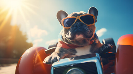 dog on the road, Close up of a funny french bulldog with gogglle - obrazy, fototapety, plakaty