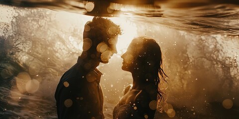Romantic couple on their honeymoon on a remote beach - man and woman newly married on vacation with an idyllic setting - obrazy, fototapety, plakaty