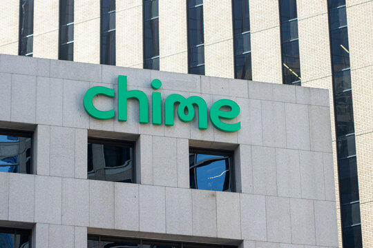 San Francisco, CA, USA - Feb 22, 2024: Chime sign is seen at its headquarters in San Francisco, California. Chime is a financial technology company and is considered a neo-bank or challenger bank.
