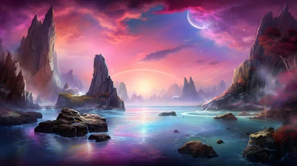 Fototapeten Fantasy landscape. Mountain and lake at sunset. 3D illustration © Iman