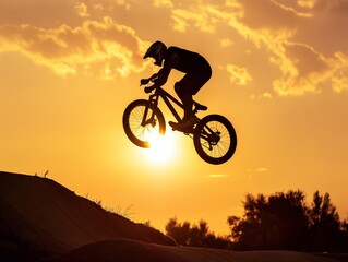 A cyclist performs a spectacular jump over a dirt ramp against a vibrant sunset, embodying freedom and adventure