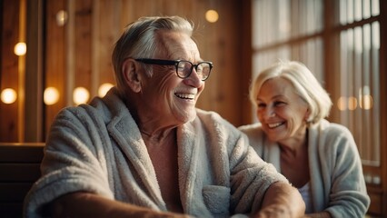 Happy senior couple sitting in relaxation room after sauna session in spa