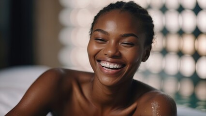 Happy black model laughing after spa facial treatment