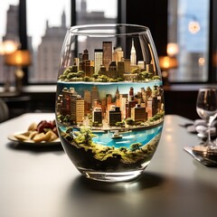 Modern city with skyscrapers inside a wine glass, a sense of urban charm and intrigue