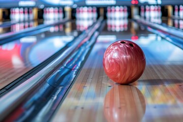 Bowling ball on alley with pins at the end - obrazy, fototapety, plakaty