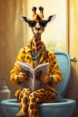 A suave giraffe, adorned with beads and a patterned raincoat, engrossed in reading a newspaper while sitting on a toilet