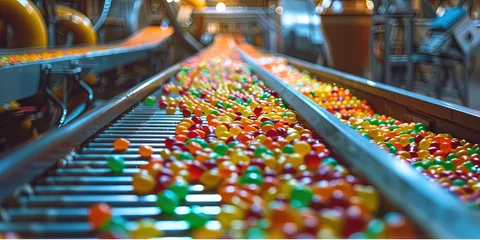 Tuinposter Colorful candy on conveyor belt for sweets manufacturing and distribution © Steph