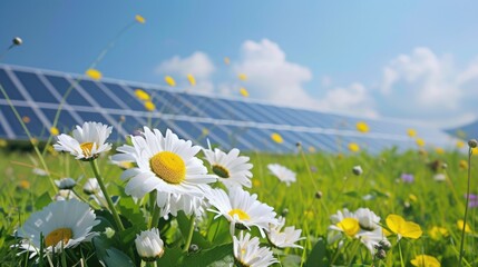"Daisies and wildflowers in front of solar panels on a sunny day.