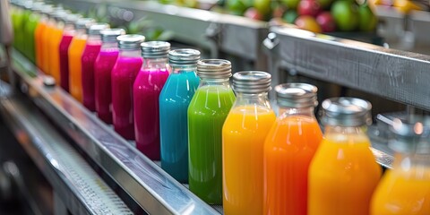 Bottles of colorful juice on a conveyor belt in manufacturing and food production facility