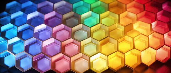 3D hexagonal honey comb pattern abstract background with colorful glowing lights created with Generative AI Technology