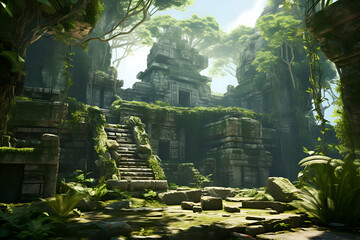 Terrace of the ancient temple in the jungle. 3D rendering