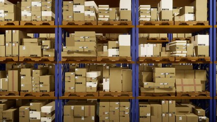 Managing storage in depot operating in supply chain logistical sector, storing retail packages with transaction record labels. Invoices tracking codes assigned to merchandise. 3D animation render.