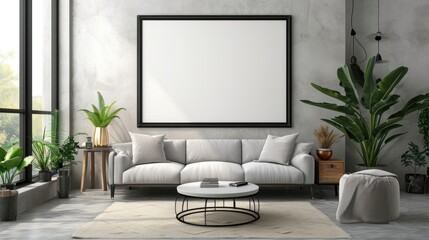 Elegant living room interior with white sofa and large blank frame on wall.