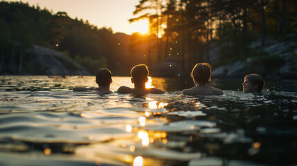Group of friends swimming in lake at sunset, summer nature background, landscape, summer time - obrazy, fototapety, plakaty