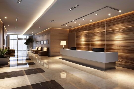 Modern hotel lobby interior with reception desk and elegant wood paneling.