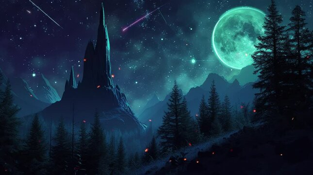 Moonlit Winter Pines: A serene pine forest blanketed in snow, bathed in the ethereal glow of a full moon, where the cris Seamless looping 4k time-lapse virtual video animation background. Generated AI
