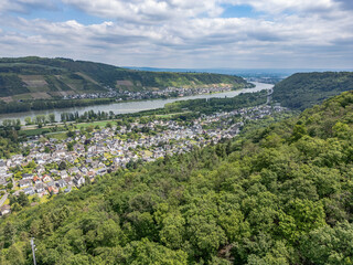 Aerial view of City Andernach Namedy and the Rhine river valley on a sunny summer day - 751185319