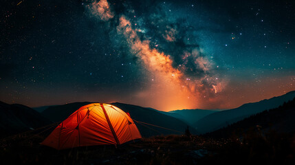Fototapeta na wymiar Starry night sky with Milky Way galaxy and glowing tent in mountains, panoramic view. Wide angle view of dark night landscape