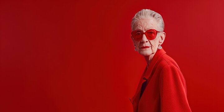 Mature woman with stylish clothing - trendy fashion image with copy space on solid red background