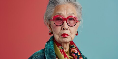 Mature Asian woman with stylish clothing - trendy fashion image with copy space on solid background