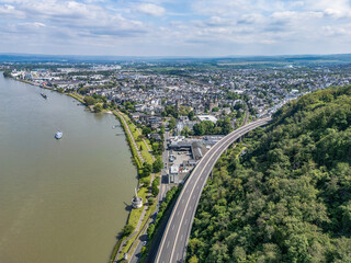 Andernach, Germany - Aerial view of the town of Andernach by the famous Rhine river in summer on a sunny day - 751185531