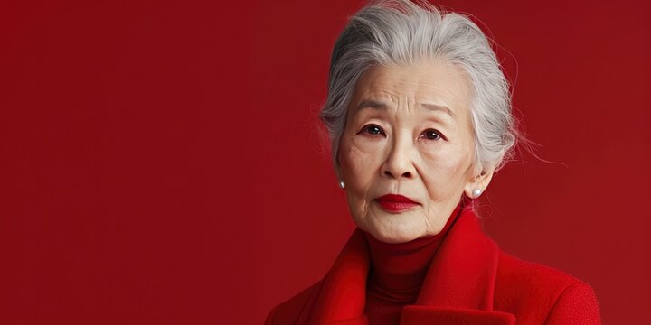 Mature Asian woman with stylish clothing - trendy fashion image with copy space on solid red background