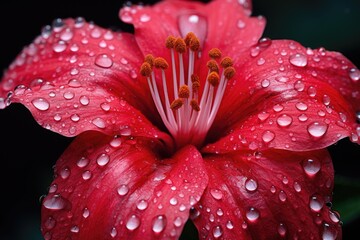 Red hibiscus flower with water droplets on petals.