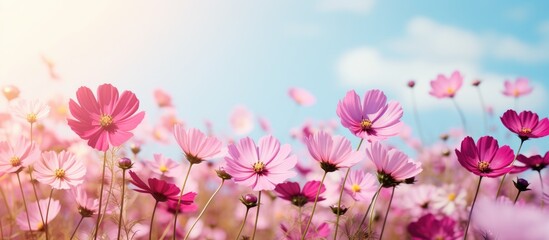 A field of pink flowers blooms vibrantly under a clear blue sky, showcasing the natural beauty of floral growth under the warm sun. - obrazy, fototapety, plakaty