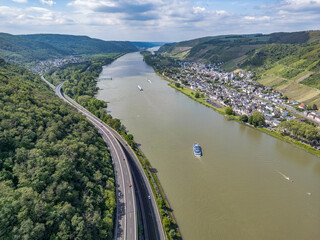 Germany Aerial of the Rhine river in andernach near koblenz viewpoint over village Leutesdorf and the river valley - 751185775