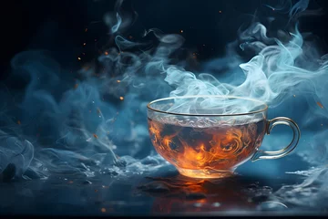 Foto op Plexiglas Cup of hot tea with smoke on dark background, close up © Saqo05
