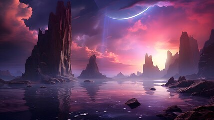 Fantasy alien planet. Mountain and lake. 3D illustration.