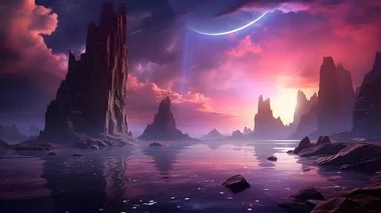 Cercles muraux Violet Fantasy alien planet. Mountain and lake. 3D illustration.
