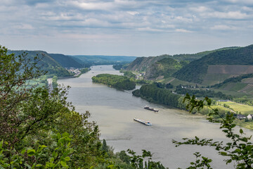 Germany the Rhine river in andernach near koblenz viewpoint over village Leutesdorf and the river valley