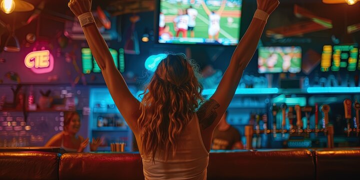 Female fan with hands in the air in victory at Sports bar with patrons cheering on their favorite team as the game plays on TV screens 