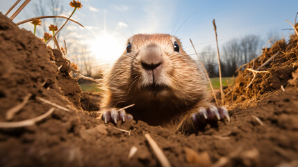 Cute fluffy groundhog wakes up in his burrow day 