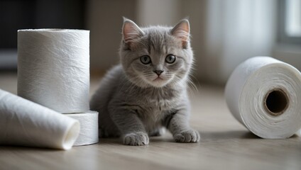 Adorable grey kitten playing among several unraveled rolls of toilet paper