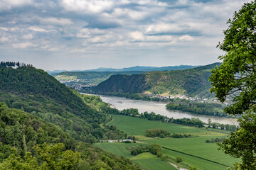 Germany the Rhine river in andernach near koblenz viewpoint over village Leutesdorf and the river valley - 751186191