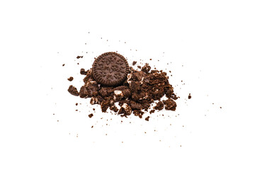 Sandwich chocolate cookies with a sweet cream with crumbs isolated on white background. 