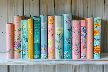 A row of colorful children's books with pastel covers and floral designs on a wooden shelf.