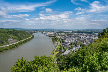 Andernach, Germany - Aerial view of the town of Andernach by the famous Rhine river in summer on a sunny day - 751186554