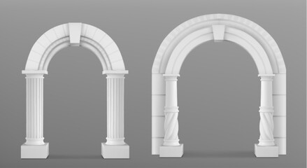 3D set of antique marble arches isolated on transparent background. Vector realistic illustration of ancient roman and greek style architecture design elements, archway decoration for classic palace