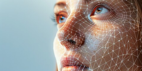 Portrait of woman with wireframe overlay for deepfake technology  - obrazy, fototapety, plakaty