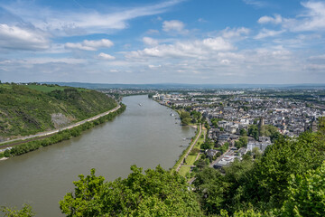 Andernach, Germany - Aerial view of the town of Andernach by the famous Rhine river in summer on a sunny day - 751186766